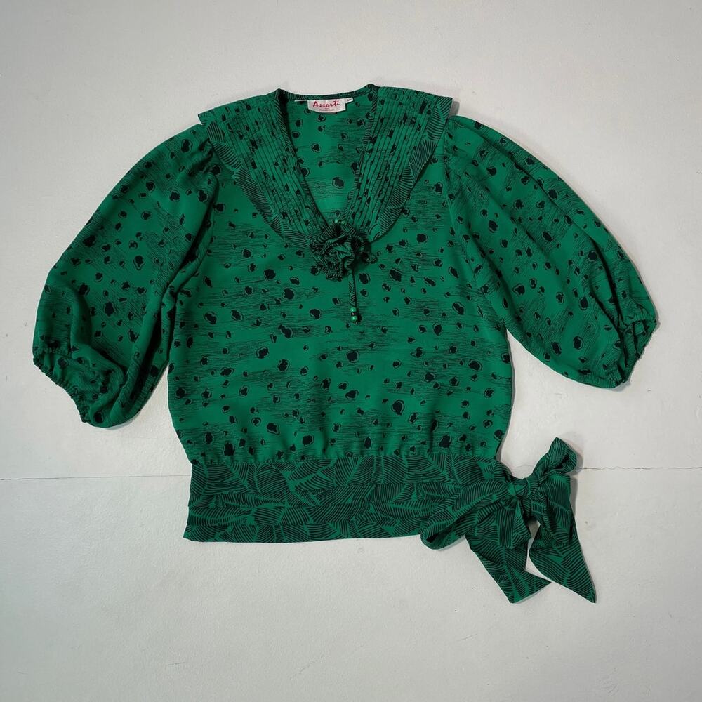 Vintage 80's SUSAN FREIS Green Puff Sleeve Patterned Top / Sz XS / Georgette